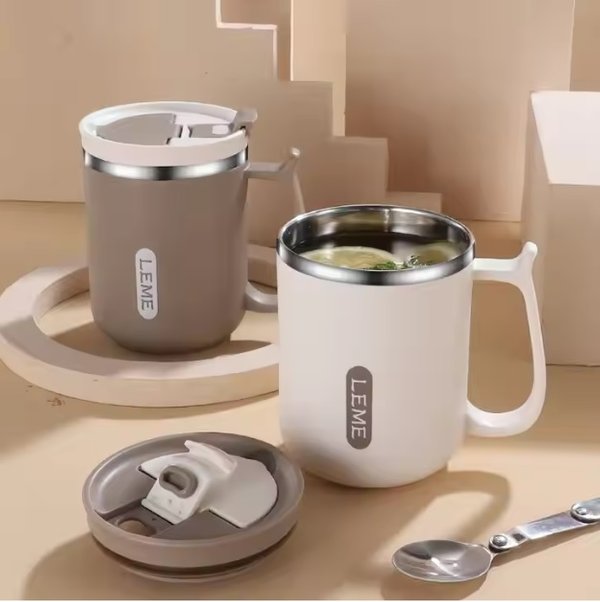 Insulated Stainless Steel Thermal Coffee Mug Tea Mug with Foldable Spoon & Filter, Leak-Proof Double Lid