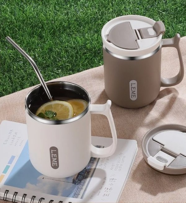 Insulated Stainless Steel Thermal Coffee Mug Tea Mug with Foldable Spoon & Filter, Leak-Proof Double Lid