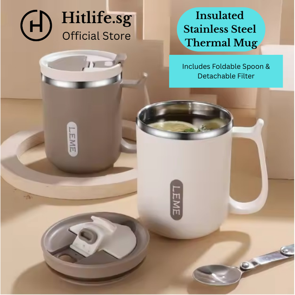 Insulated Stainless Steel Thermal Coffee Mug Tea Mug with Foldable Spoon & Filter, Leak-Proof Double Lid