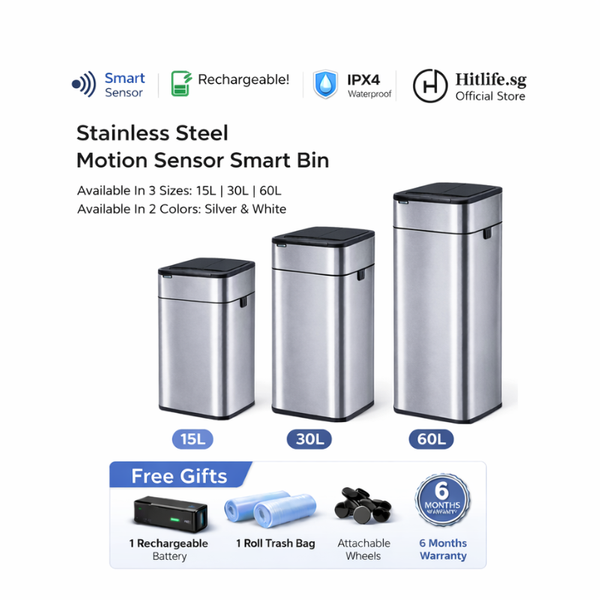 Premium Stainless Steel Motion Sensor Smart Bin 15/30/60L – Touchless Automatic Trash Can with Wheels | IPX4 Waterproof