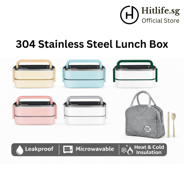 2 Tier Stainless Steel Lunch Box with FREE Thermal Bag & Cutleries (Microwavable, BPA-Free)