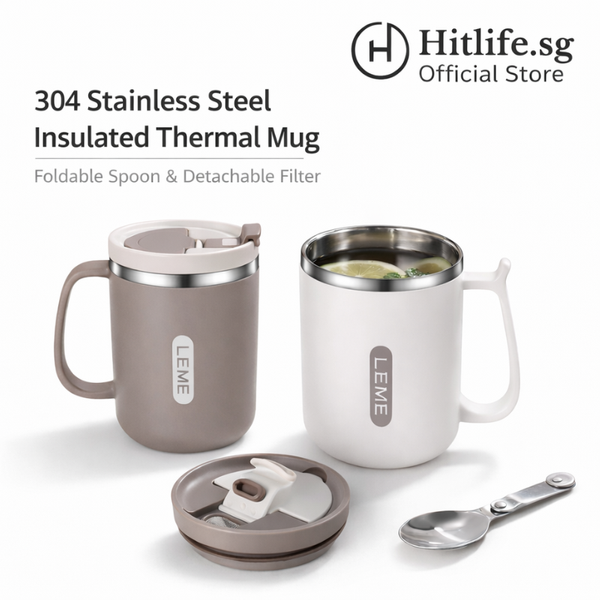 Insulated Stainless Steel Thermal Coffee Mug Tea Mug with Foldable Spoon & Filter, Leak-Proof Double Lid