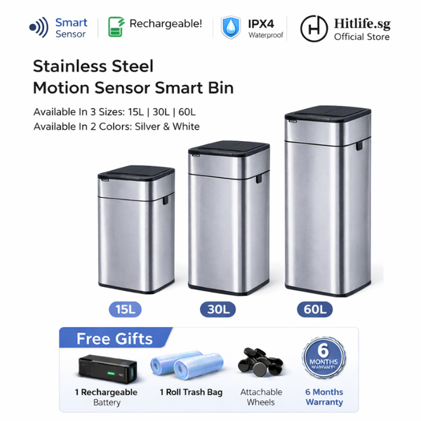 Premium Stainless Steel Motion Sensor Smart Bin 15/30/60L – Touchless Automatic Trash Can with Wheels | IPX4 Waterproof