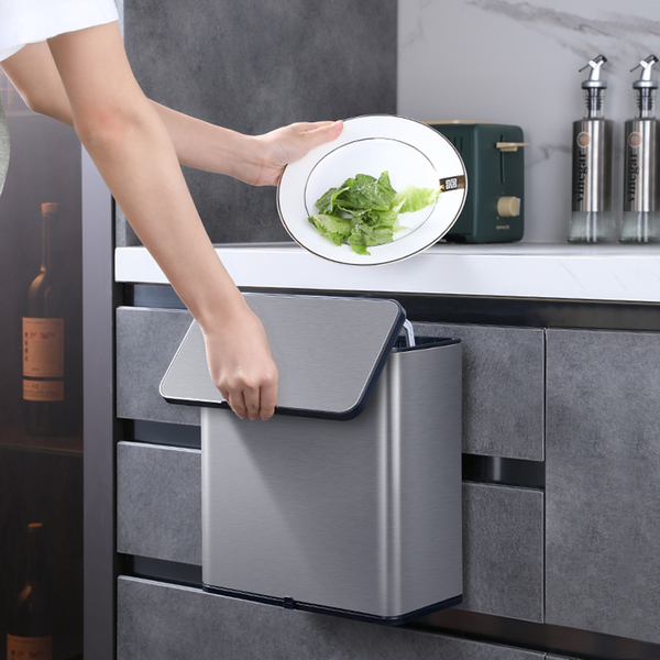 Premium 430 Stainless Steel Hanging Kitchen Bin 4L 6L Wall Mounted Trash Can with Tissue Box | Silent Slide Lid | Inner Bucket