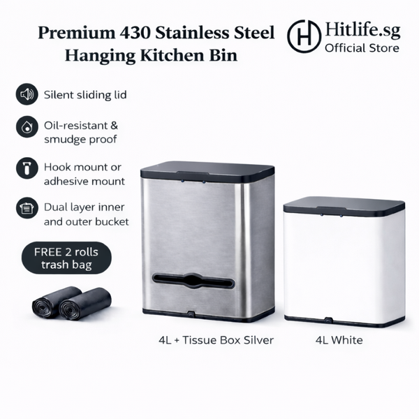Premium 430 Stainless Steel Hanging Kitchen Bin 4L 6L Wall Mounted Trash Can with Tissue Box | Silent Slide Lid | Inner Bucket
