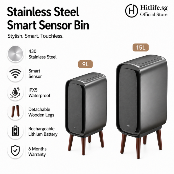 Stainless Steel Smart Sensor Bin with Wooden Legs | Modern Stylish | IPX5 Waterproof | Rechargeable | 9L/15L