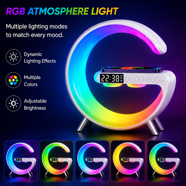 Smart Multifunctional Bluetooth Speaker with Alarm Clock, RGB lights and wireless charging