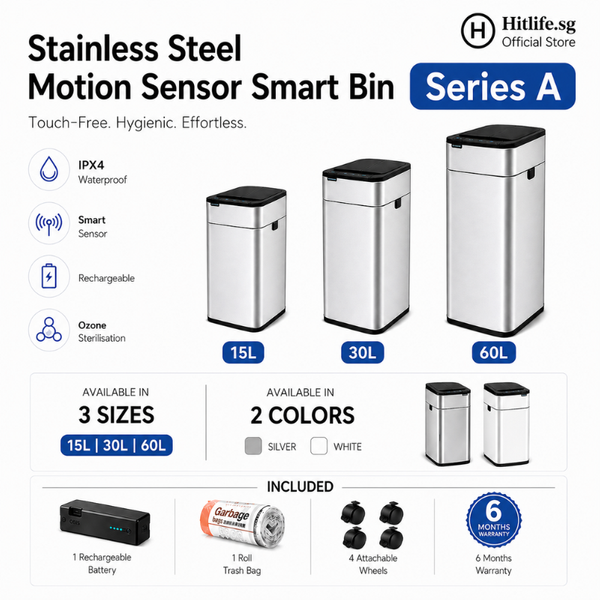 Series A Premium Stainless Steel Motion Sensor Smart Bin 15/30/60L – Touchless Automatic Trash Can with Wheels | IPX4 Waterproof