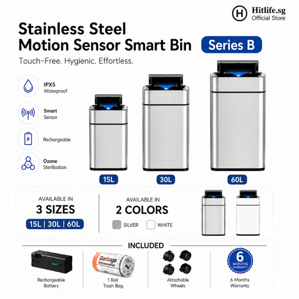 Series B Premium Stainless Steel Motion Sensor Smart Bin 15/30/60L – Touchless Automatic Trash Can with Wheels | IPX5 Waterproof