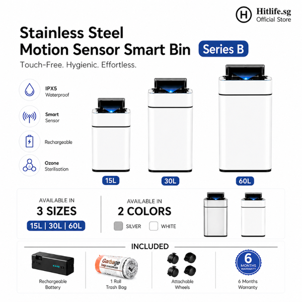 Series B Premium Stainless Steel Motion Sensor Smart Bin 15/30/60L – Touchless Automatic Trash Can with Wheels | IPX5 Waterproof