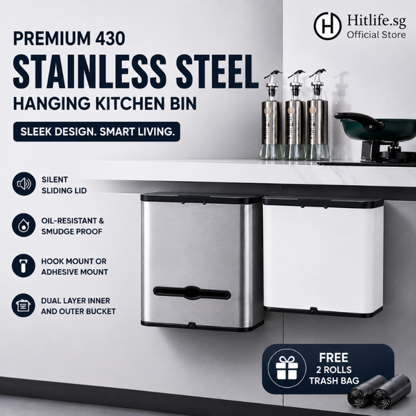Premium 430 Stainless Steel Hanging Kitchen Bin 4L 6L Wall Mounted Trash Can with Tissue Box | Silent Slide Lid | Inner Bucket