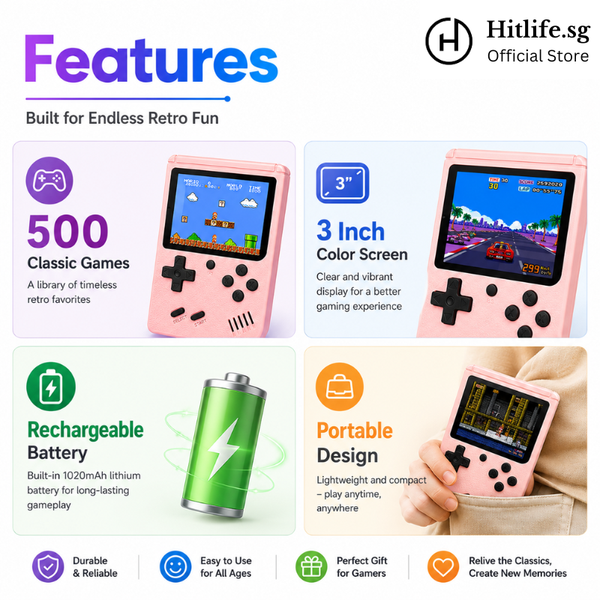 Macaron Mini Retro Handheld Game Console 500-in-1 Nostalgic Classic Games
