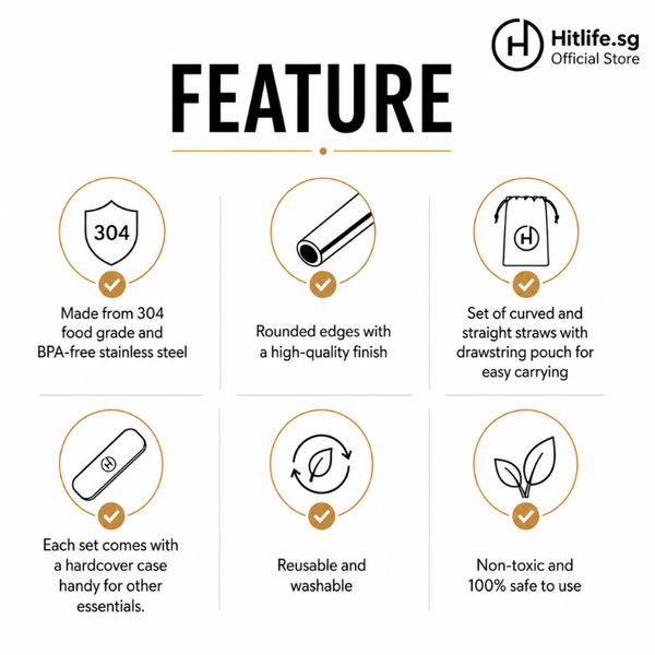 Hit Life 304 Stainless Steel Reusable Straw Set | Straight Curved Bubble Tea Straw | BPA Free with Case & Cleaning Brush